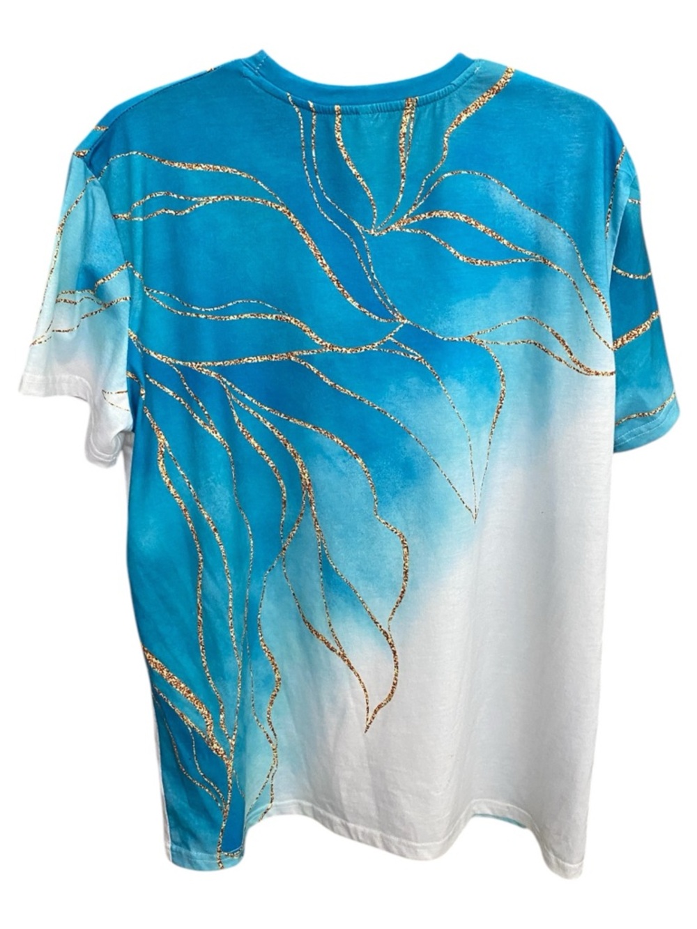 NEW Gradient Teal Green Blue & White Short Sleeve Top Gold with Marbled Accent - Picture 4 of 10